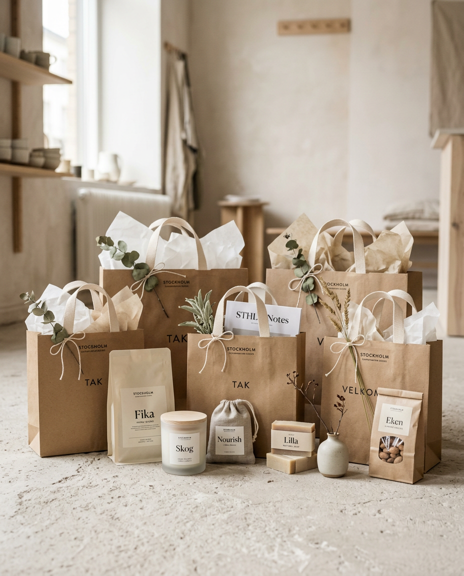 Goodiebags och produktboxar på ekbord