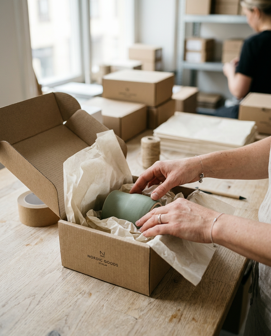 Händer som packar en produkt i kraftpappersbox